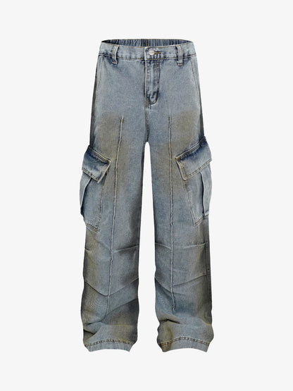 Washed Distressed Pleated Cargo Jeans 