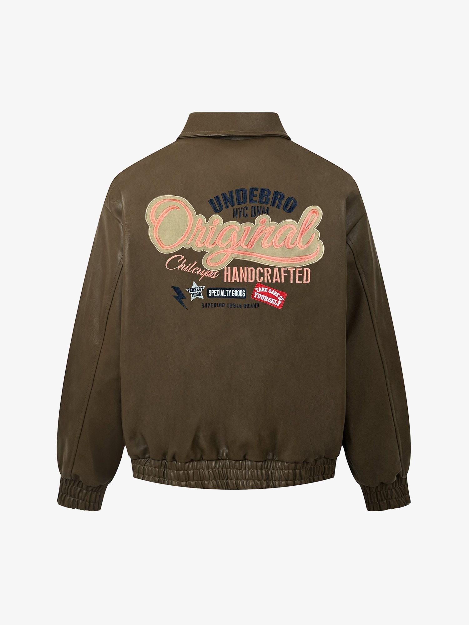 Thesupermade Lettering Embroidered Leather Bomber Jacket 
