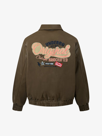 Thesupermade Lettering Embroidered Leather Bomber Jacket 