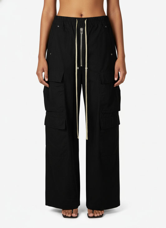 Woven Multi-Pocket Baggy Flared Pants - 2321