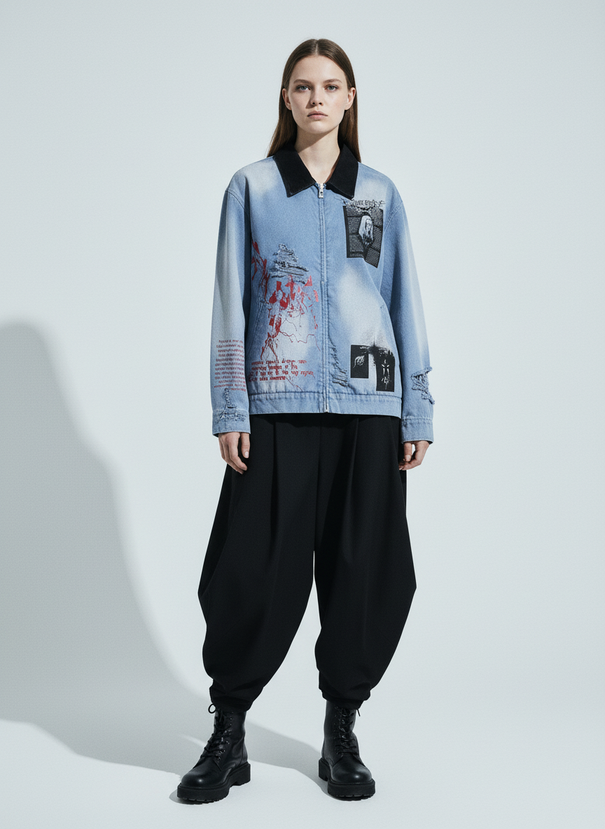 Ripped Graffiti Washed Zip Up Denim Jacket