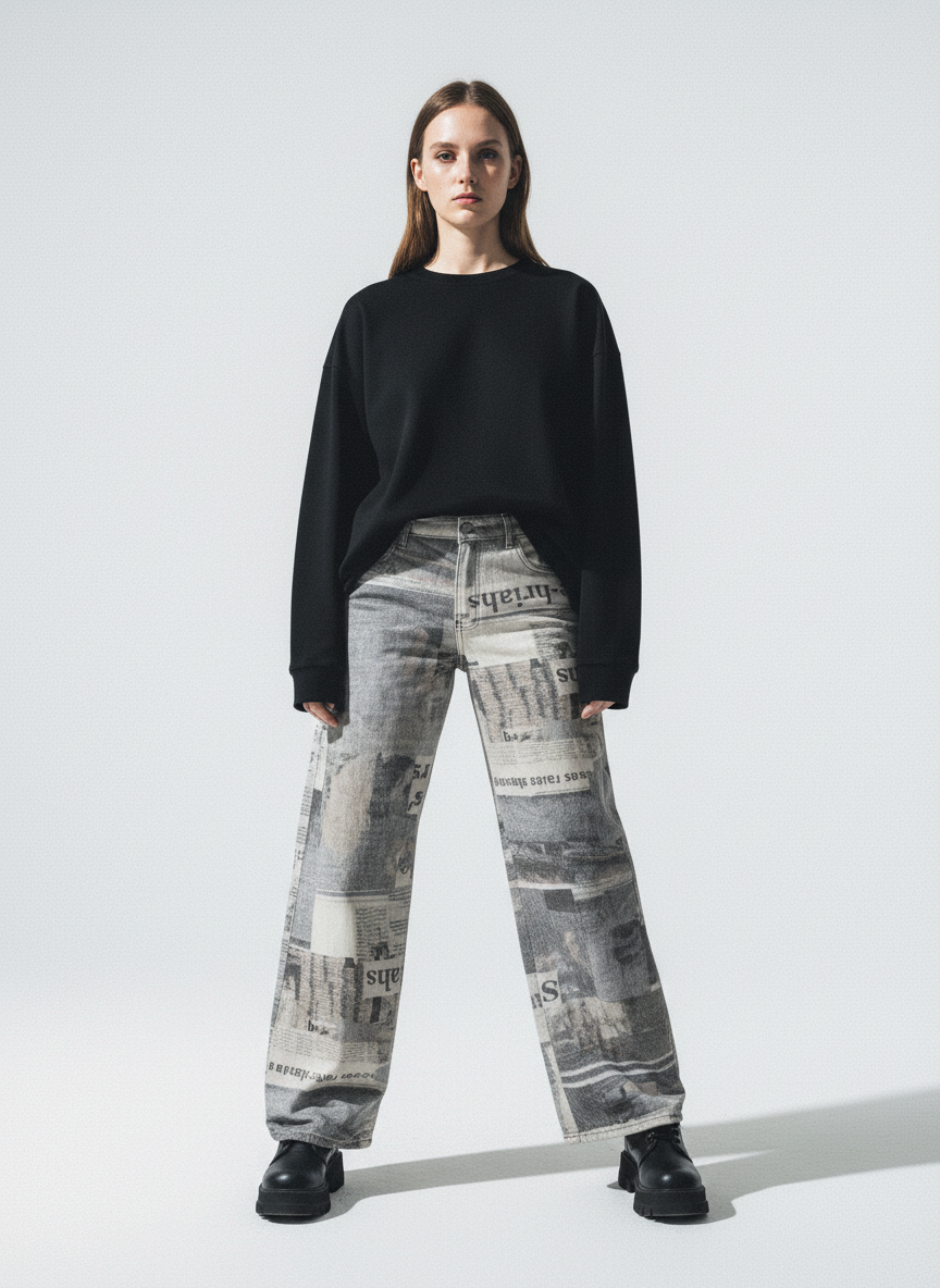 Graffiti Newspaper Baggy Jeans - 2404