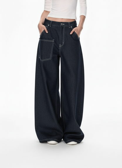 Deconstructed Contrast Stitching Barrel Jeans - 2326