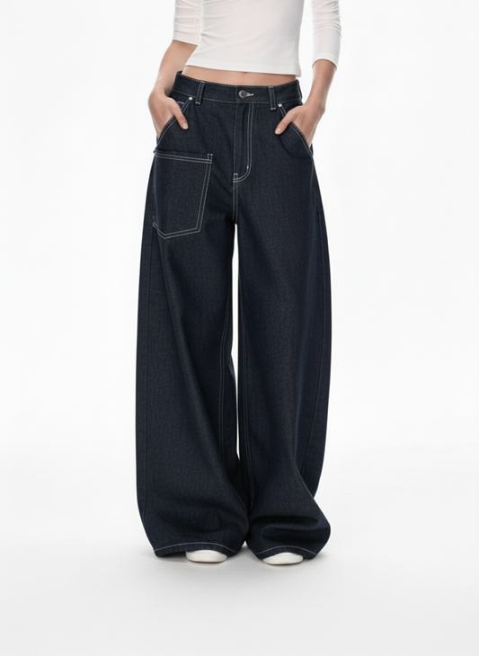 Deconstructed Contrast Stitching Barrel Jeans - 2326