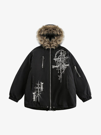 Embroidered Fur Hooded Quilted Jacket 