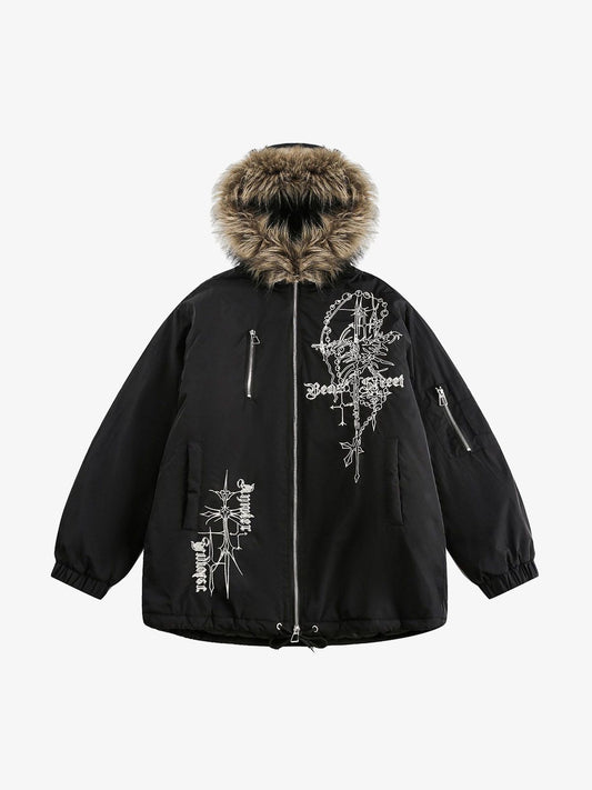 Embroidered Fur Hooded Quilted Jacket 