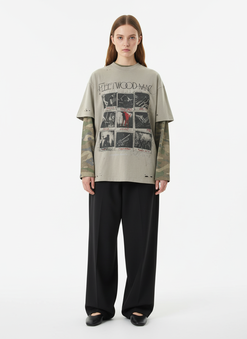 Jersey Distressed Camouflage Faux Two-Piece Graphic T-Shirt - 2420