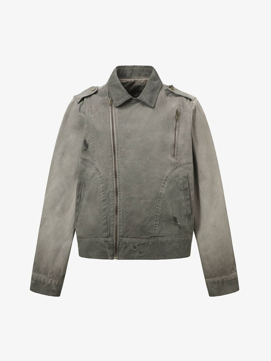 Distressed Irregular Zip Up Denim Jacket 