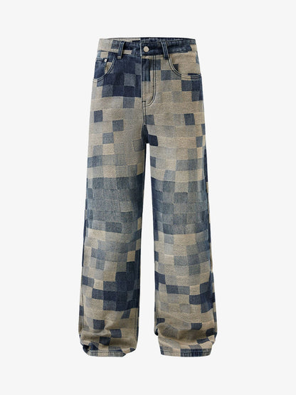 Thesupermade Checkerboard Jacquard Wide Leg Jeans - 2193 