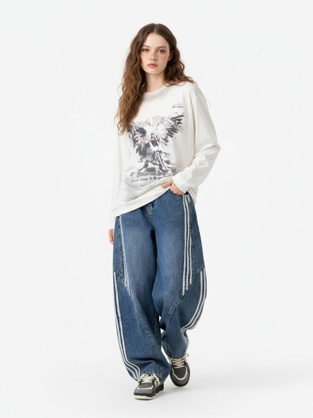 Denim Contrast Striped Stitching Barrel Jeans - 2504