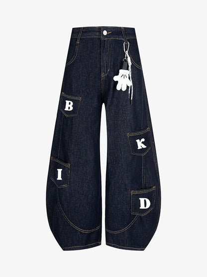 Fun Letter Pocket Barrel Jeans 