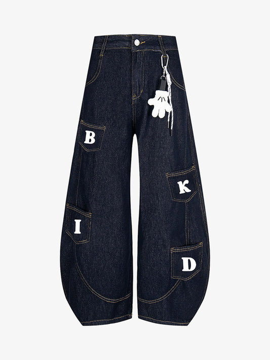 Fun Letter Pocket Barrel Jeans 