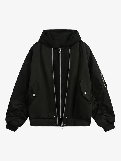 Faux Two-Piece Pleated Spliced Hooded Bomber Jacket 