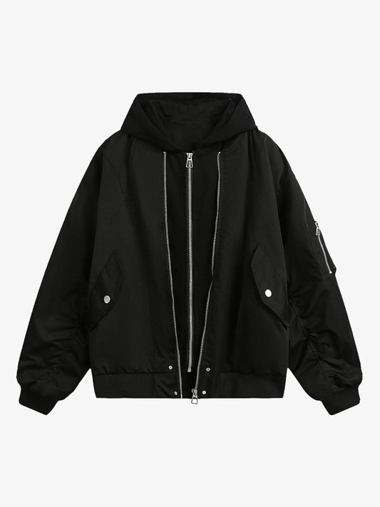 Faux Two-Piece Pleated Spliced Hooded Bomber Jacket 