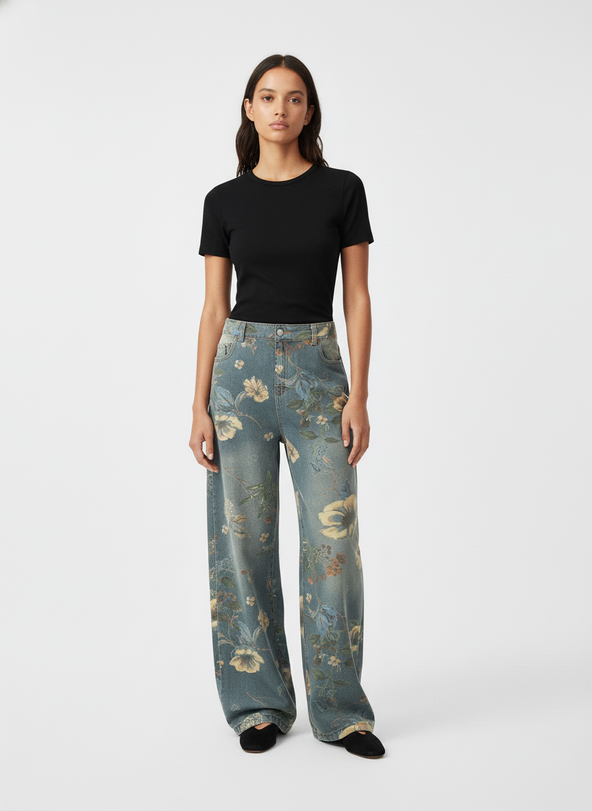 Denim Floral Print Carpenter Jeans - 2237
