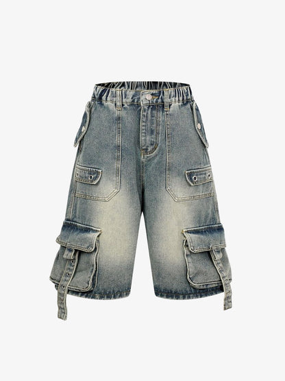 High-Waisted Multi-Pocket Denim Cargo Shorts 