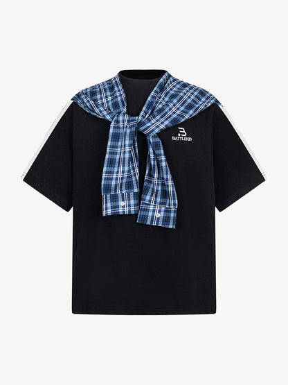 Plaid Patch Knotted Scarf T-Shirt 