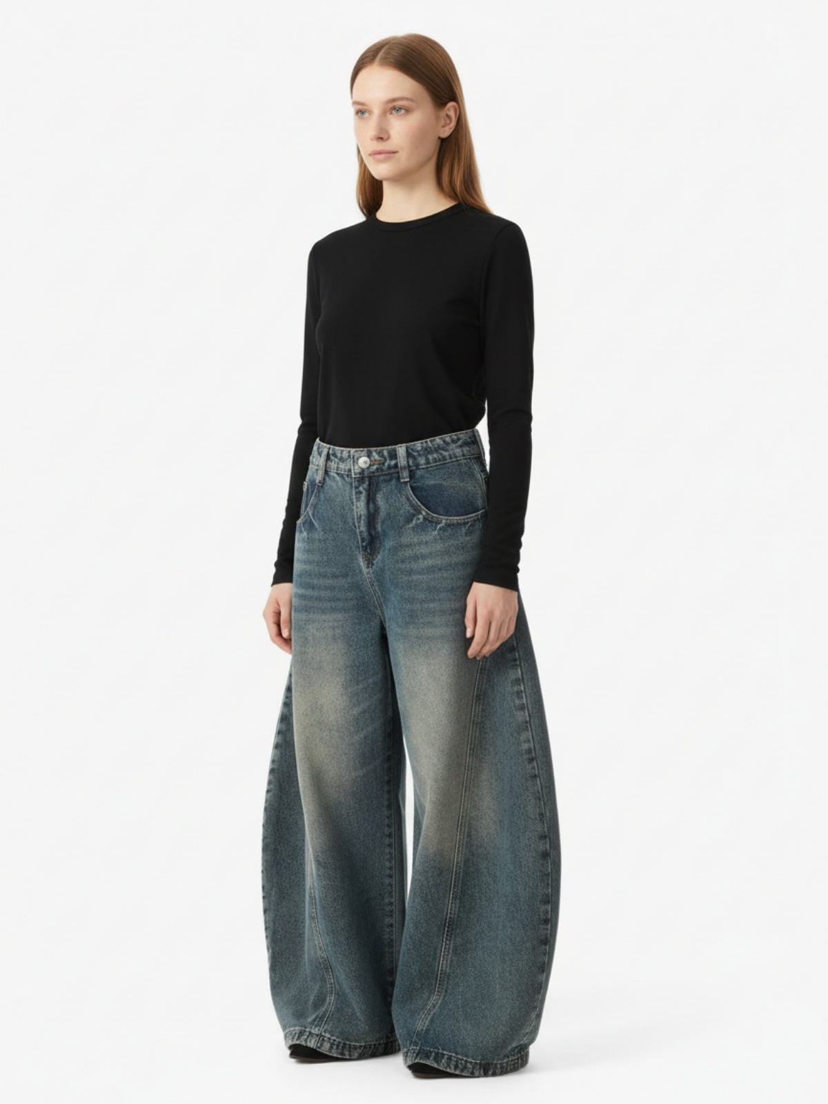 Washed Wide-Leg Balloon Jeans - 2301