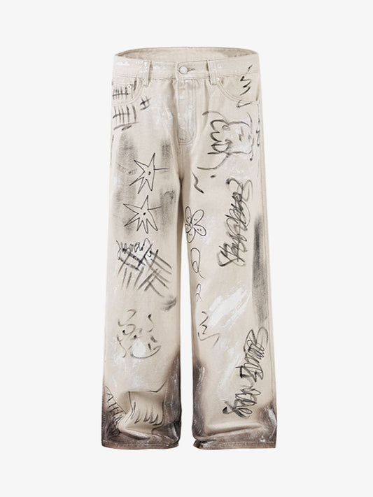 Distressed Washed Graffiti Baggy Jeans 