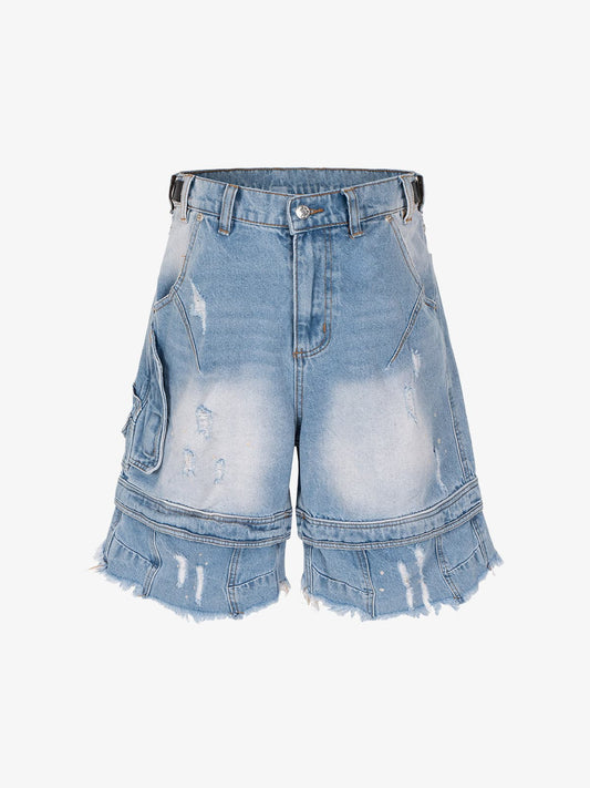 Ripped Washed Tassel Cargo Denim Shorts 