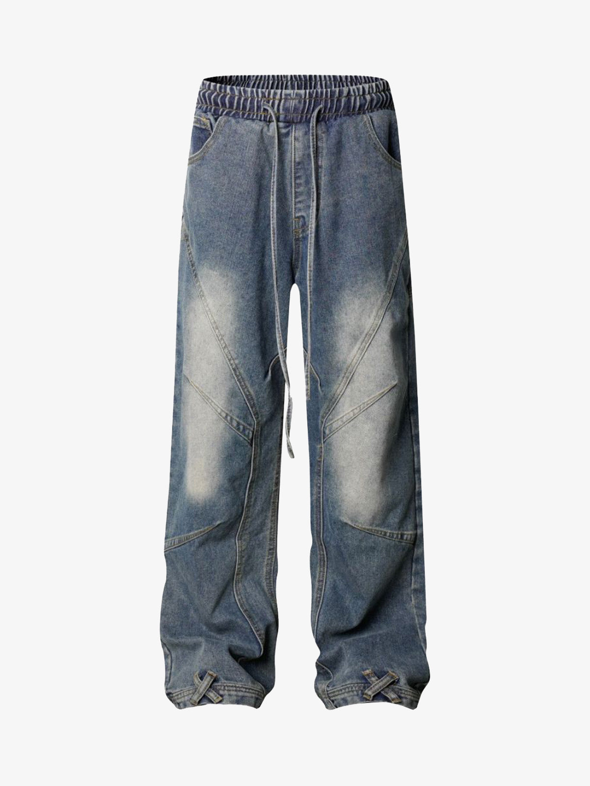 Washed Distressed Deconstructed Split Drawstring Jeans 