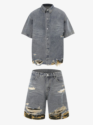 Thesupermade Patchwork Camouflage Ripped Shirt Jorts Denim Suit 
