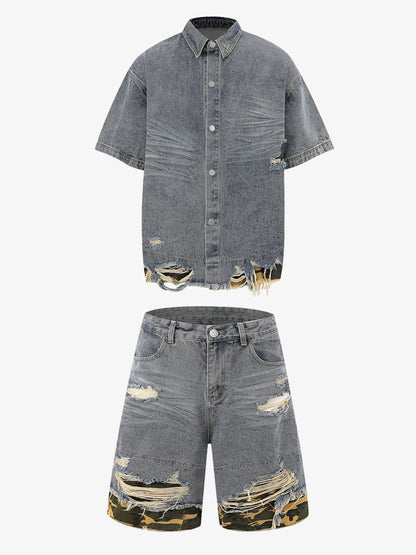 Thesupermade Patchwork Camouflage Ripped Shirt Jorts Denim Suit 