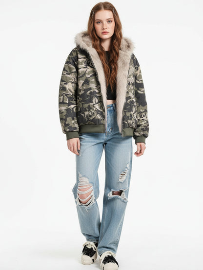 Thesupermade Camouflage Fur Hooded Jacket - 2353