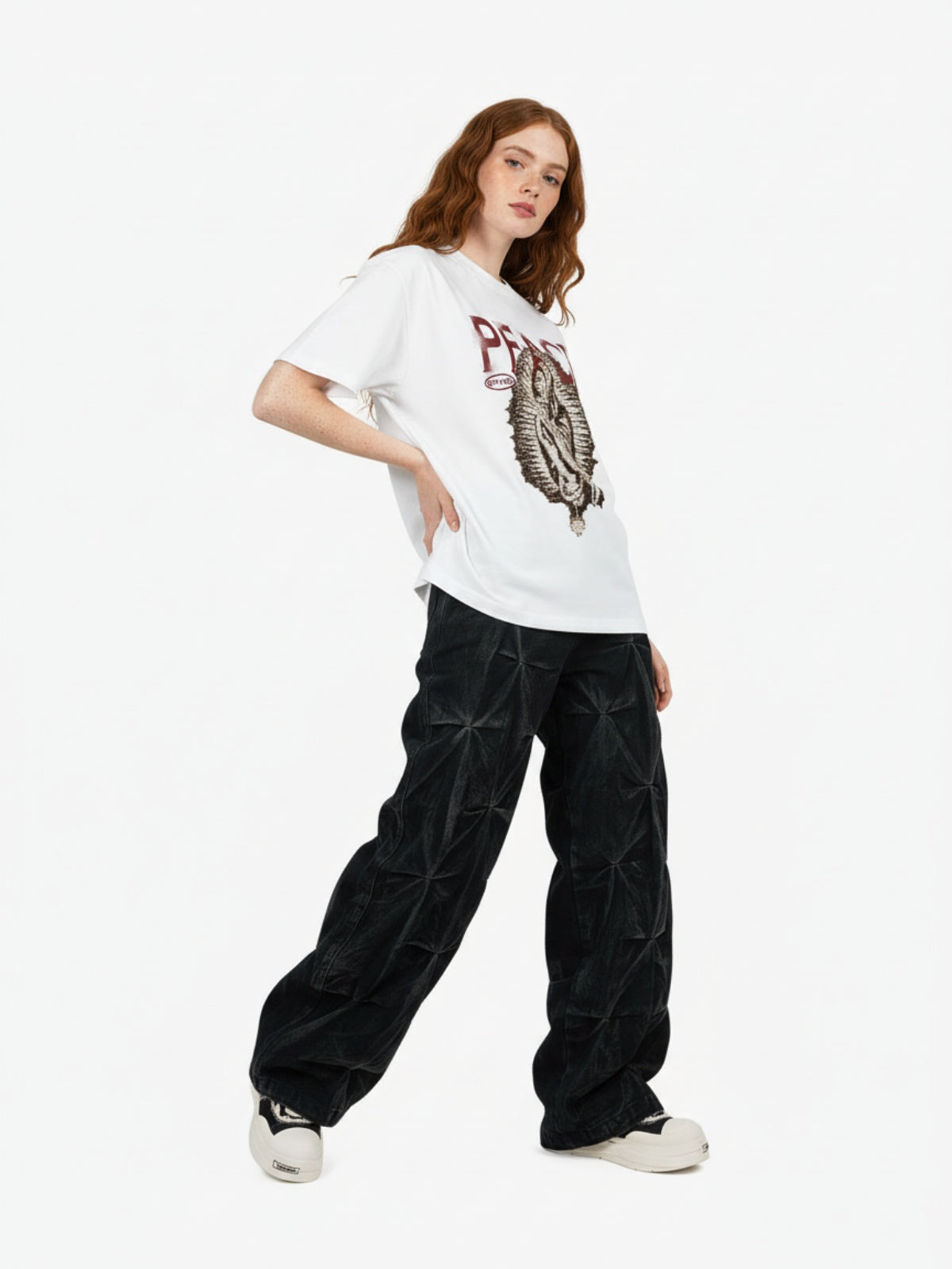 Denim Heavy Washed Distressed Pleated Baggy Jeans - 2282