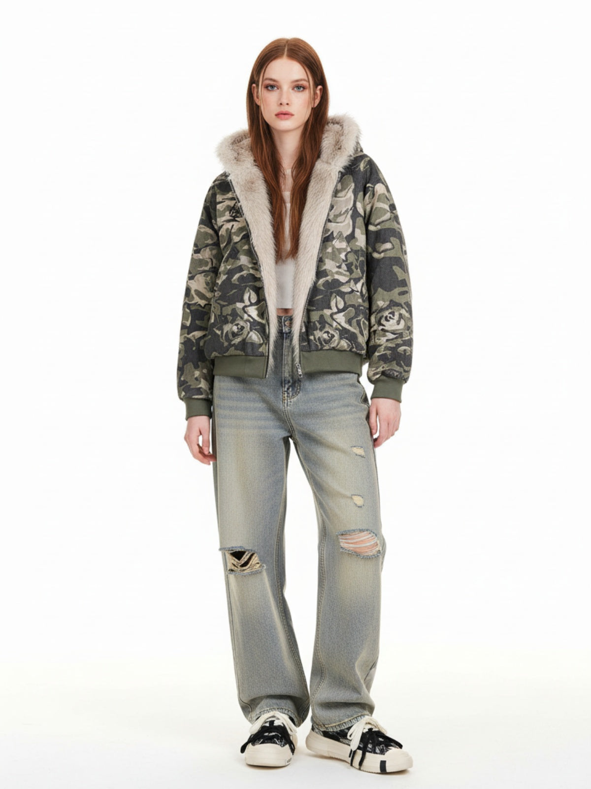 Thesupermade Camouflage Fur Hooded Jacket - 2353