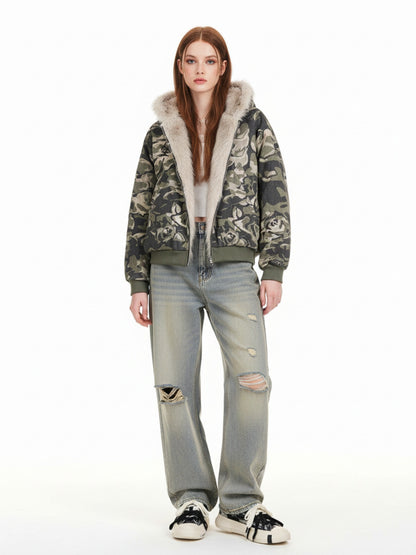 Thesupermade Camouflage Fur Hooded Jacket - 2353