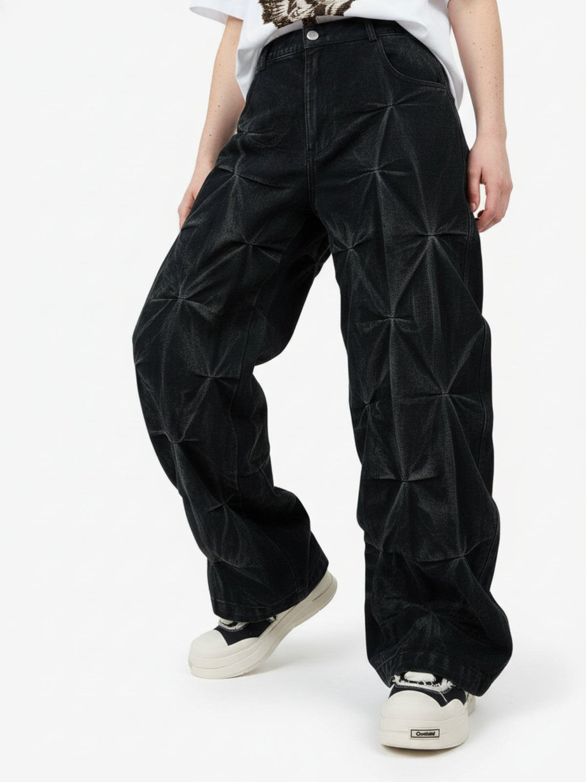 Denim Heavy Washed Distressed Pleated Baggy Jeans - 2282