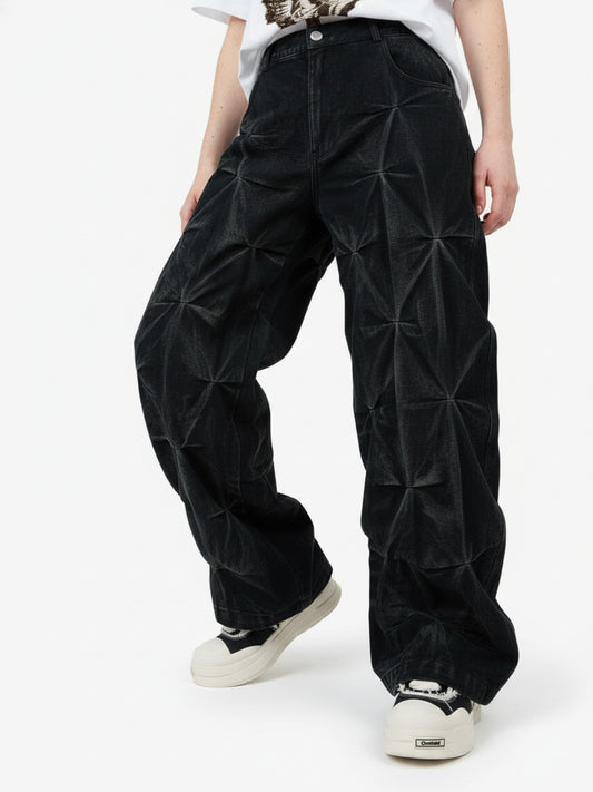 Denim Heavy Washed Distressed Pleated Baggy Jeans - 2282