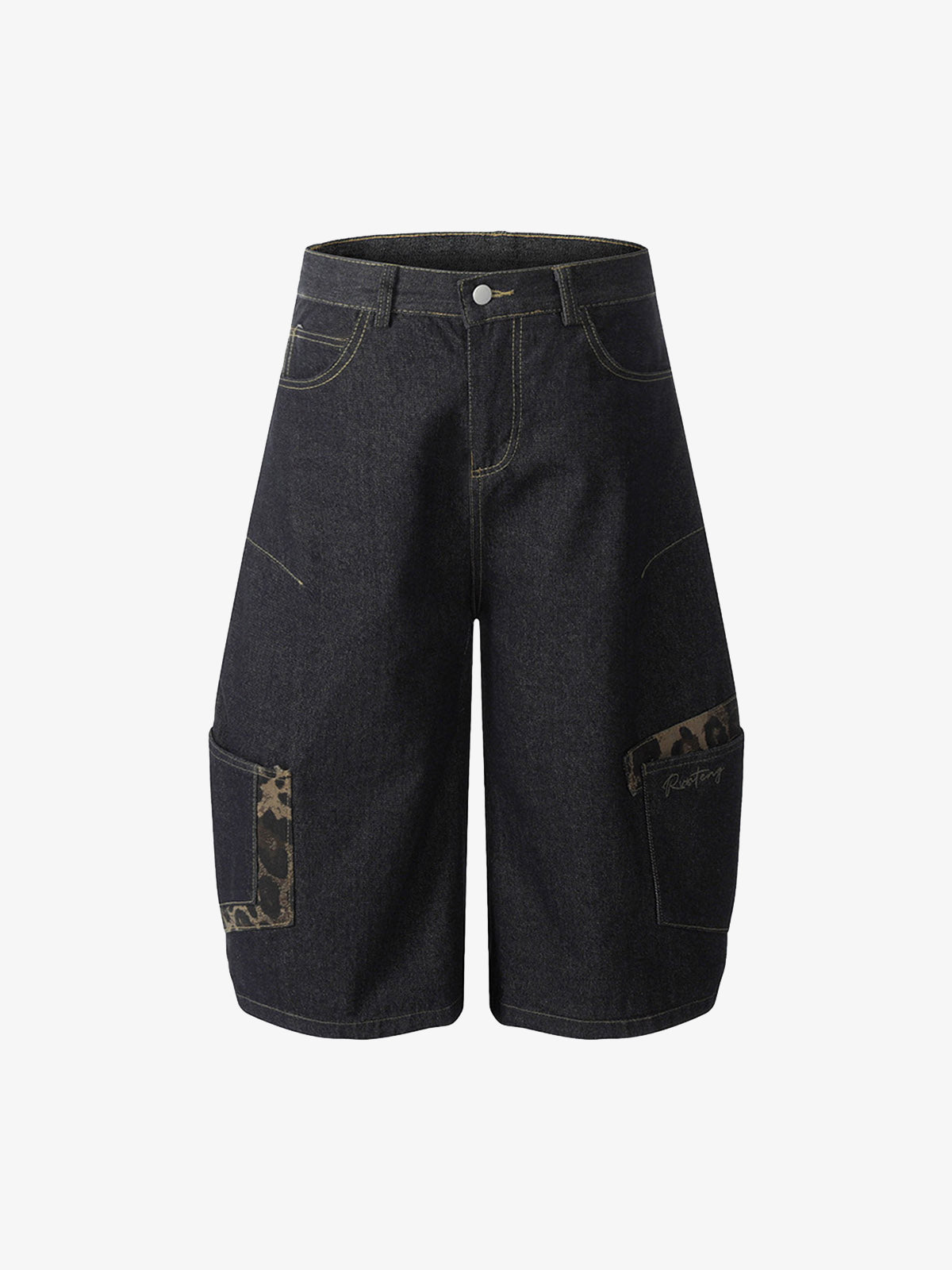 Washed Cheetah Print Patchwork Denim Jorts 