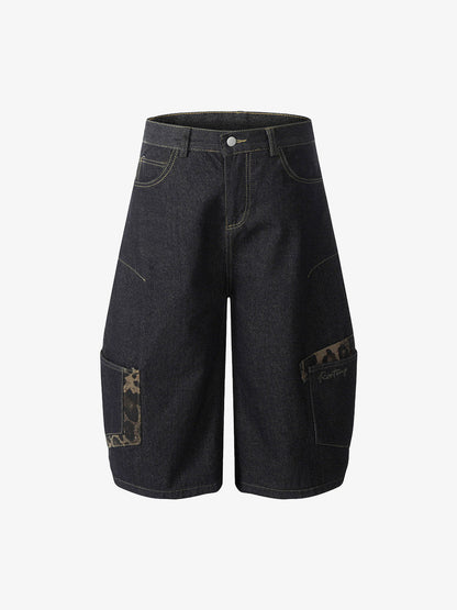 Washed Cheetah Print Patchwork Denim Jorts 