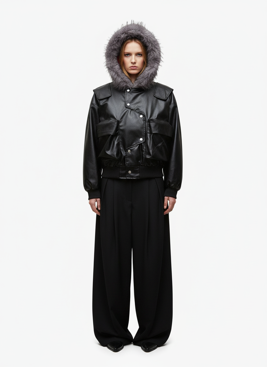 Deconstructed Multi Pocket Fur Hooded PU Leather Jacket