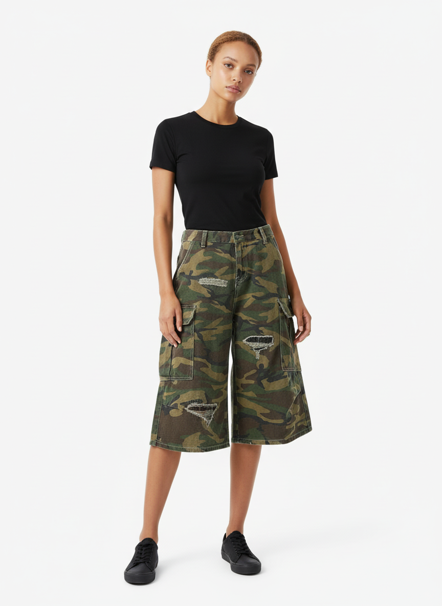 Retro Ripped Camouflage Cropped Jorts - 2387