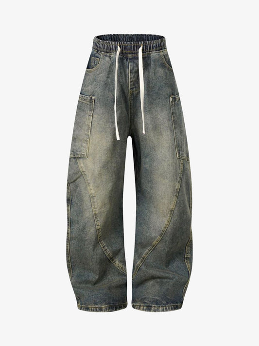Washed Distressed Split Drawstring Barrel Jeans 