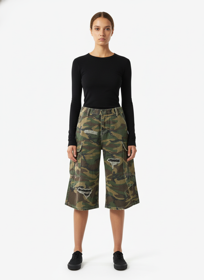Retro Ripped Camouflage Cropped Jorts - 2387