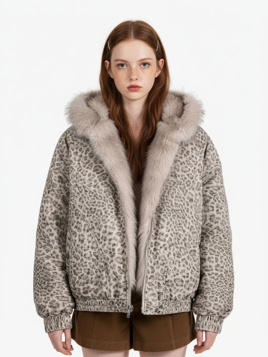 Cotton Cheetah Print Mink Fur Hooded Jacket - 2270