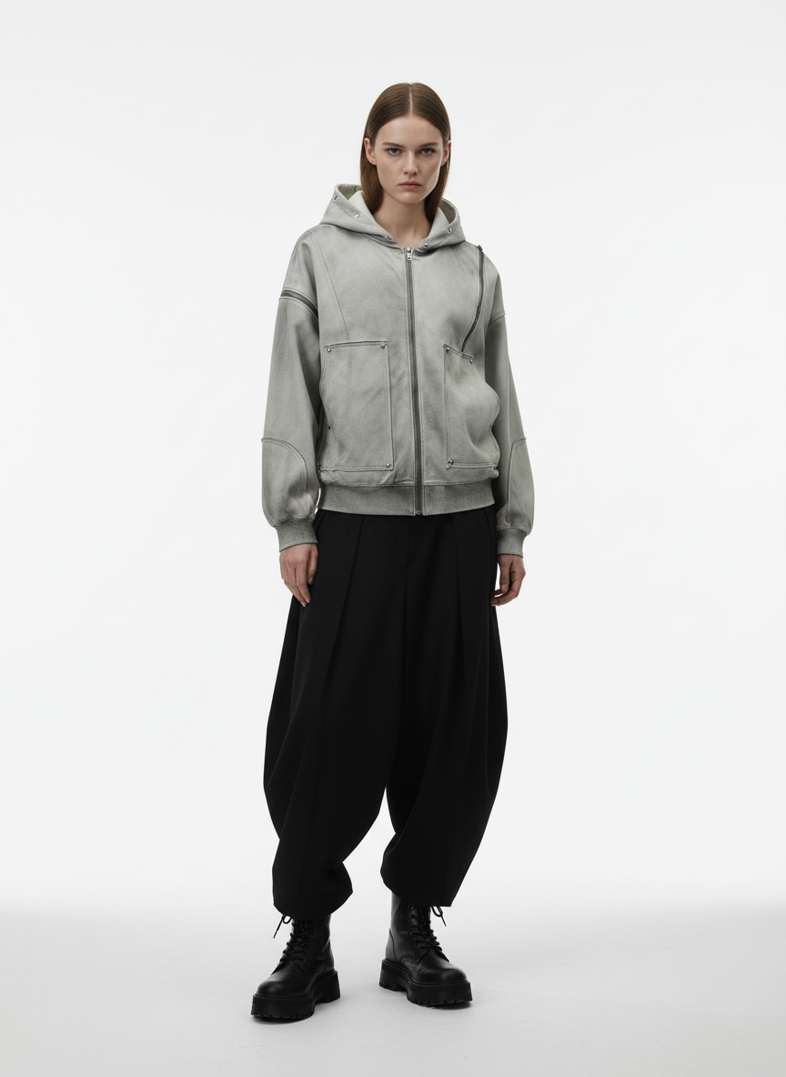 Street Washed Distressed Stitching Rivet Hooded Jacket