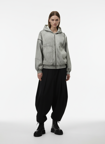 Street Washed Distressed Stitching Rivet Hooded Jacket