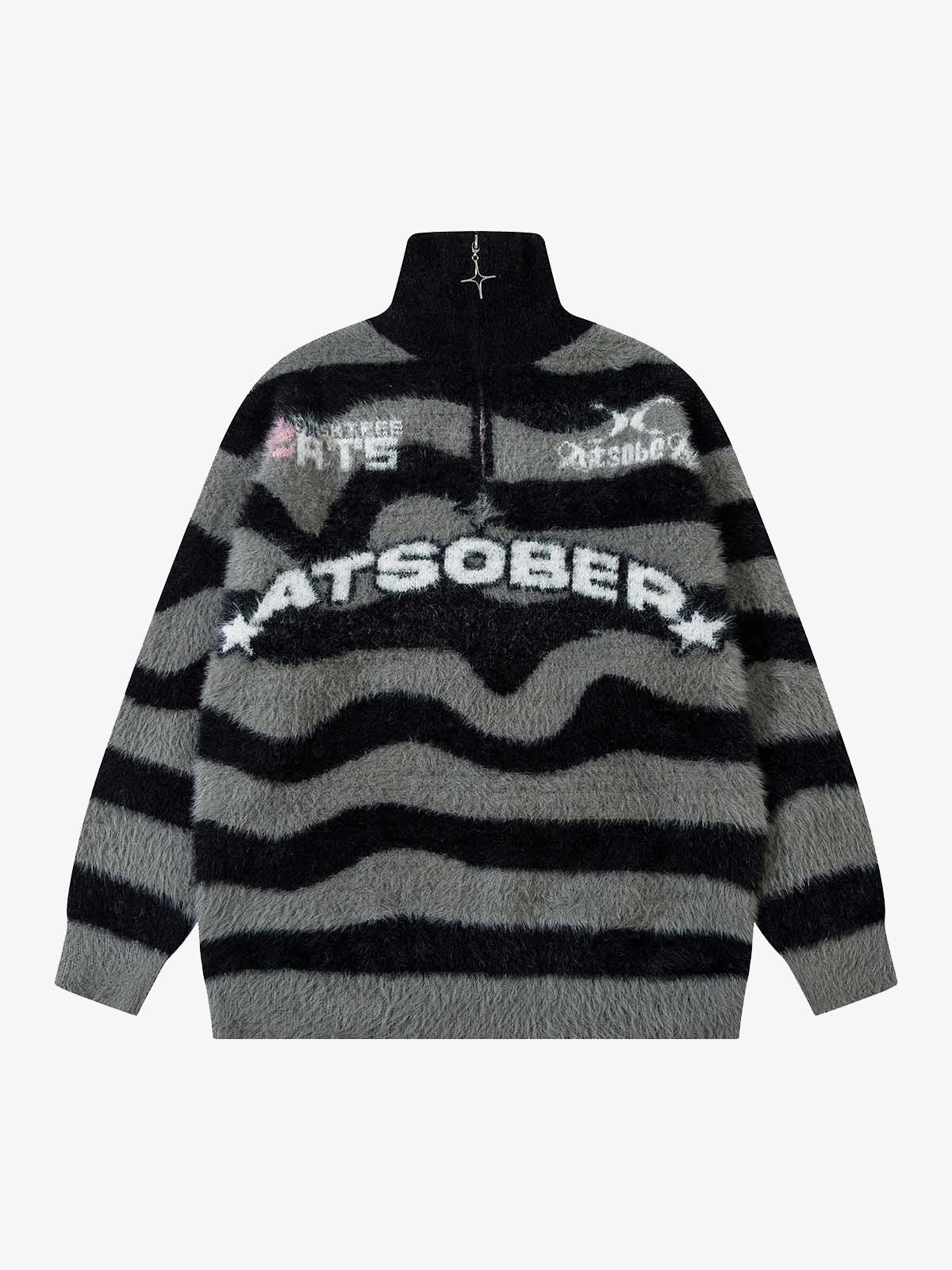 Thesupermade Stand Collar Striped Zip Up Fleece Sweater 