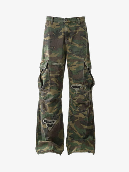 Ripped Camouflage Flared Cargo Pants - 2410 