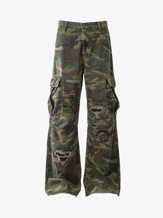 Ripped Camouflage Flared Cargo Pants - 2410 