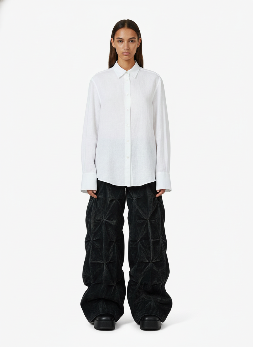 Denim Heavy Washed Distressed Pleated Baggy Jeans - 2282