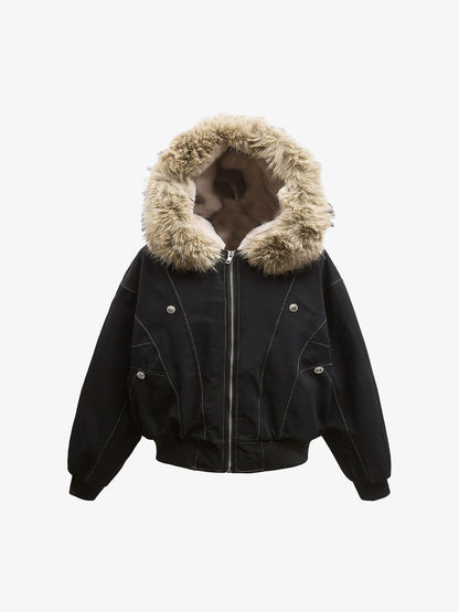 Fur Lined Zip Up Hooded Bomber Jacket 