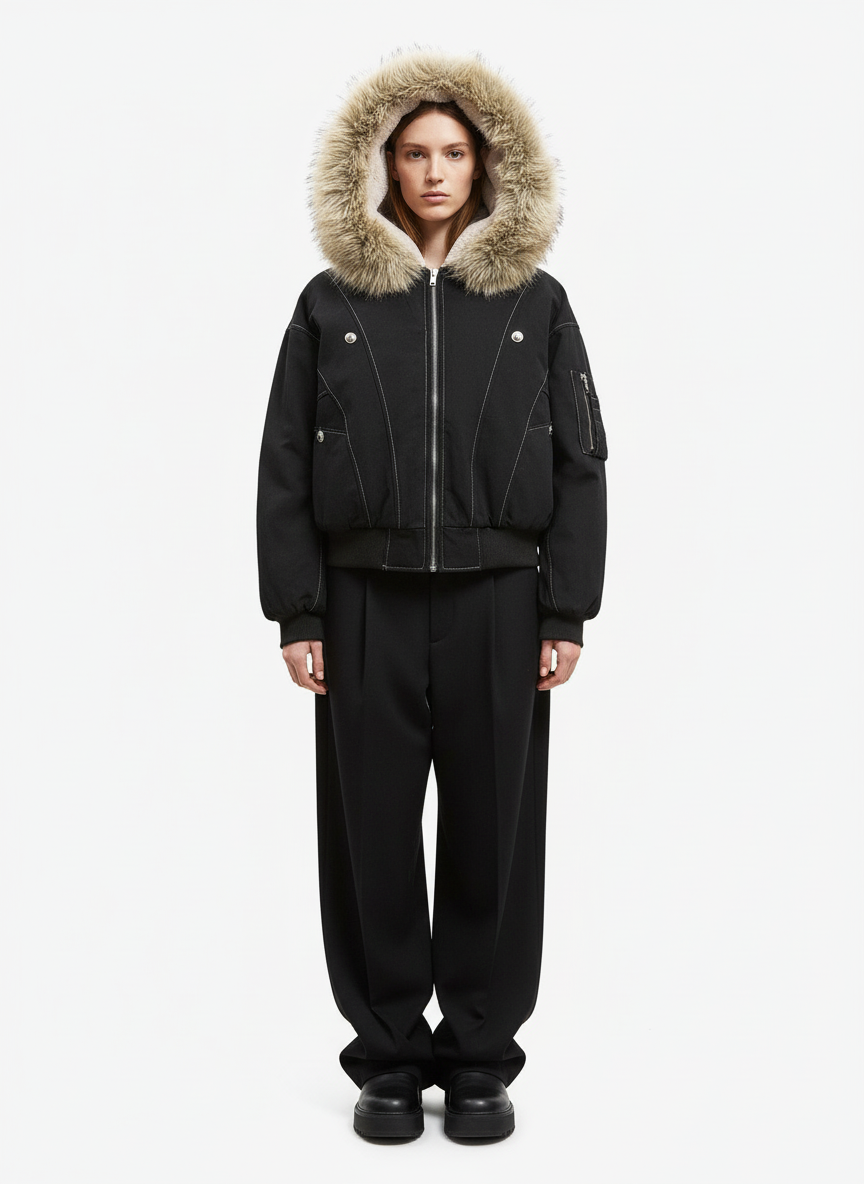 Faux Fur Lined Zip Up Hooded Bomber Jacket