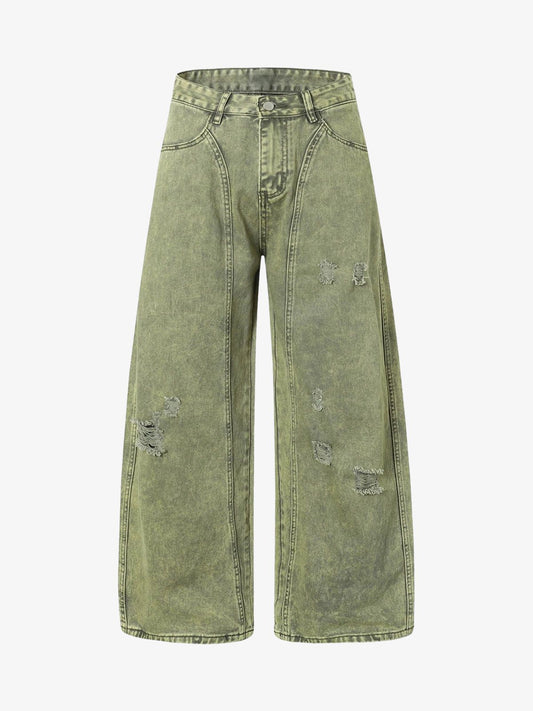 Washed Distressed Ripped Barrel Jeans 
