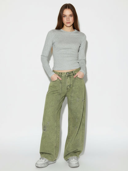 Washed Distressed Ripped Barrel Jeans